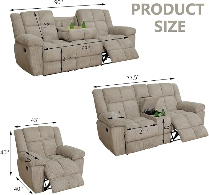 Manual Recliner Sofa Set,Microfiber Reclining Couch Set,Modern Living Room Furniture Set,Reclining Sofa Couch Chair for Living Room Home Office(Beige,Sofa+Loveseat)