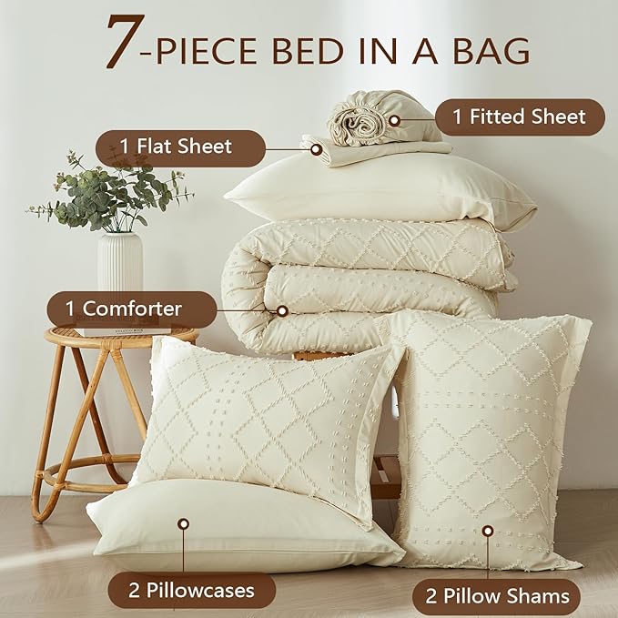 Beige Tufted Comforter Set King Size 7 Piece Bed in a Bag,Shabby Chic Boho Comforter and Sheet Set,All Season Soft Microfiber Complete Bedding Set(Beige,102"x90")