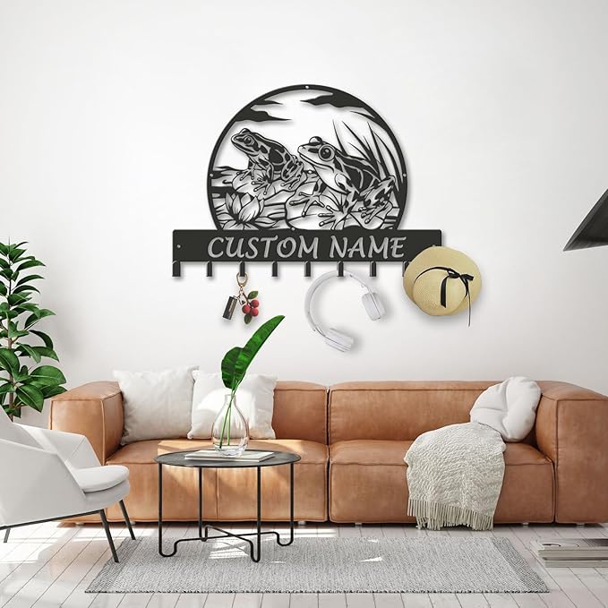 Custom Frog Key Holder for Wall Entryway, Personalized Metal Name Sign with Hooks Coat Rack & Dog Leash Holder, Decorative Wall Hanger Organizer (Style-3)