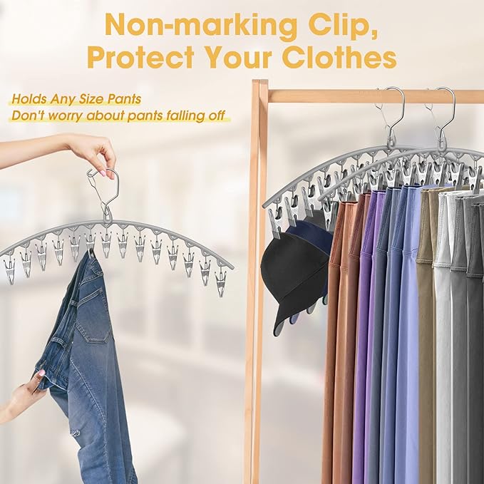 Upgrade Skirt Pants Hangers with Clips, Metal Pants Legging Organizer for Closet Holds 30 Leggings/Shorts/Jeans/Skirts Pant Hangers Space Saving Hanging Closet Organizers Shorts Hanger, Grey 2Pack