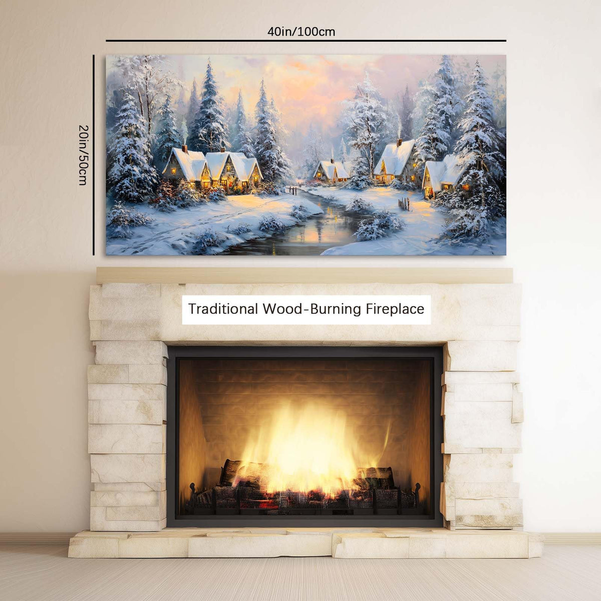 TEKMENT White Retro Cabin Wall Art for Bedroom Canvas Painting Prints Beautiful Snow Winter Forest Rustic Christmas Night Village Art Deco Nature Artwork Office Farmhouse Decor