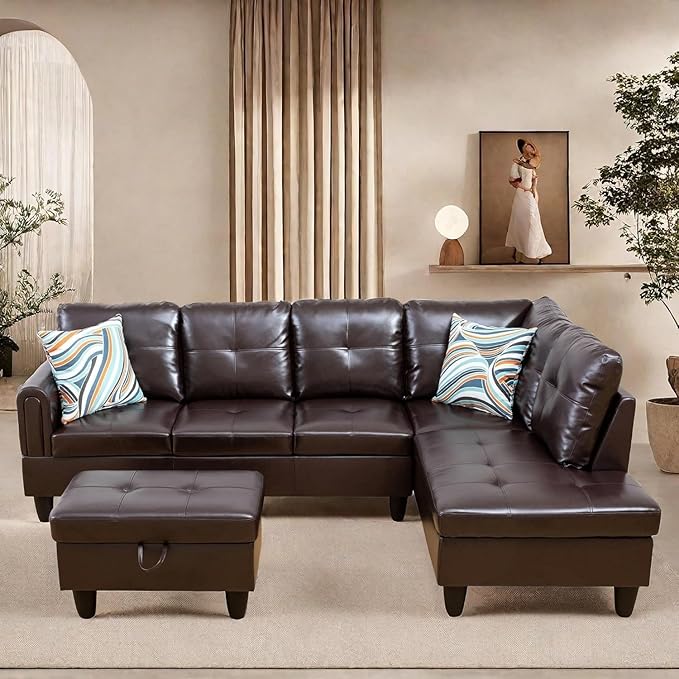 Large Storage Ottoman Sectional Sofa, L-Shaped Couch with Reversible Chaise, Space Saving Design, Gray Fabric with Accent Pillows. (Leather)