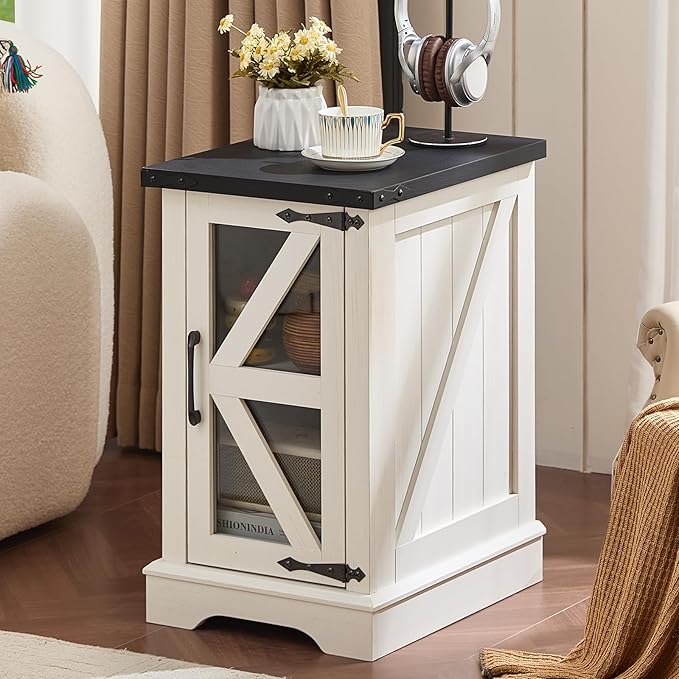 Farmhouse Coffee Table Sets 3 Pieces, Narrow Night Stand with Glass Barn Door Storage, Large Coffee Tables with Hidden Storage Organizer, Wood Furniture Sets for Living Room, Office, White