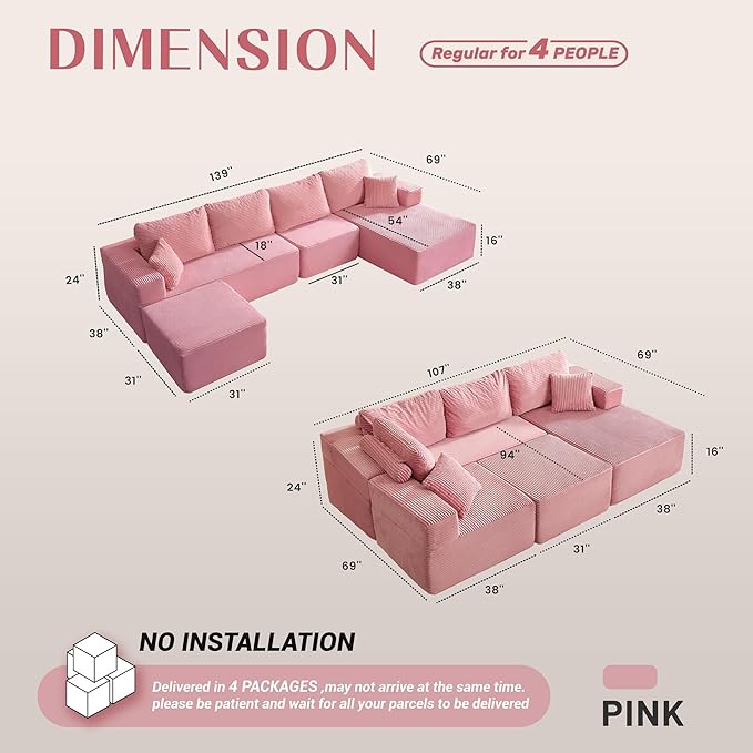 138" Boneless Couch with Deep Seat, Modular Sectional Sofa, Cloud Sectional Couch for Living Room, No Assembly Required, Corduroy, U-Shape 4 Seater Right, Pink
