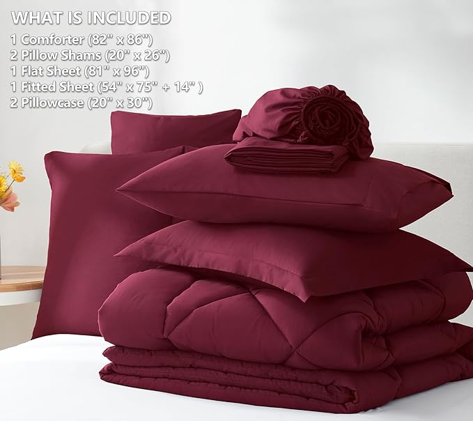 CozyLux Full Size Comforter Sets Burgundy - 7 Pieces Bed in a Bag Full, Luxury Soft Bed Set for All Seasons, Bedding Set with Down Alternative Comforter, Sheets, Pillowcases & Shams, Red