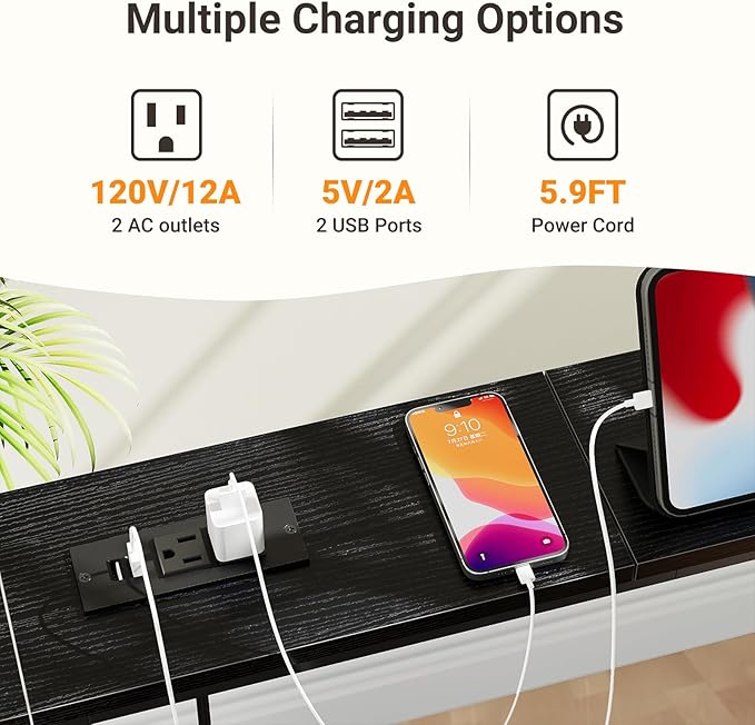 ELYKEN 94.5" Narrow Console Sofa Table with Power Outlet, 5.9'' Behind Couch Table with Charging Station, Long Entryway Tables for Living Room, Hallway, Black