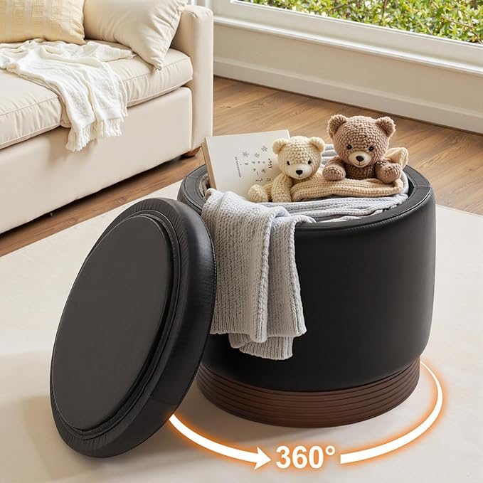 Round Storage Ottoman,Swivel Vanity Stool-Leather Foot Rest,Upholstered Footstool Pouf with Sturdy Acacia Wood Frame(500 lbs),Small Coffee Table & Hidden Storage Ottoman for Living Room