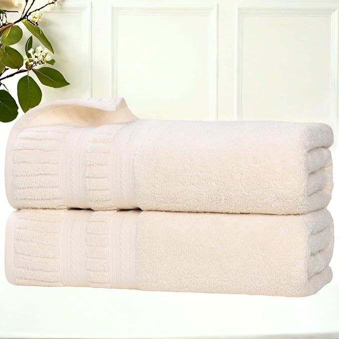 Superior Venice Zero Twist Cotton Medium Weight Towels, for Guest Bath, Bathroom, Shower, Spa, Plush Towels, Bath Essentials, Ribbed Textured Border, Bath Towels, Set of 2, Ivory