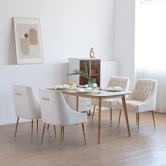 Modern Dining Chairs Set of 6, Mid Century Chairs with 5.12” Cushions and Golden Legs, Velvet Upholstered Dining Chairs with Back Pull Rod, for Kitchen, Living Room, Beige