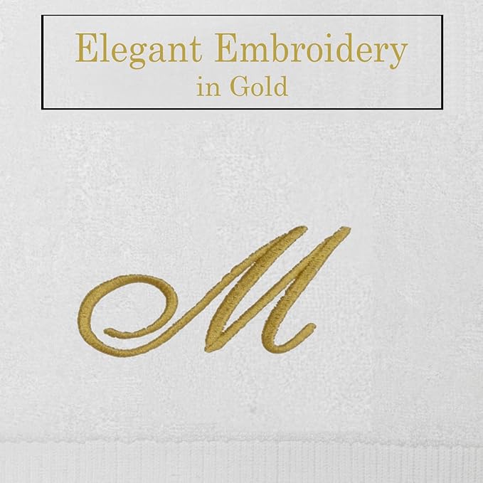 White Monogrammed Hand Towels for Bathroom - Luxury Hotel Quality Personalized Initial Embroidered Towel for Powder Room, Spa - GOTS Organic Certified - Pack of 2 Gold, Letter M