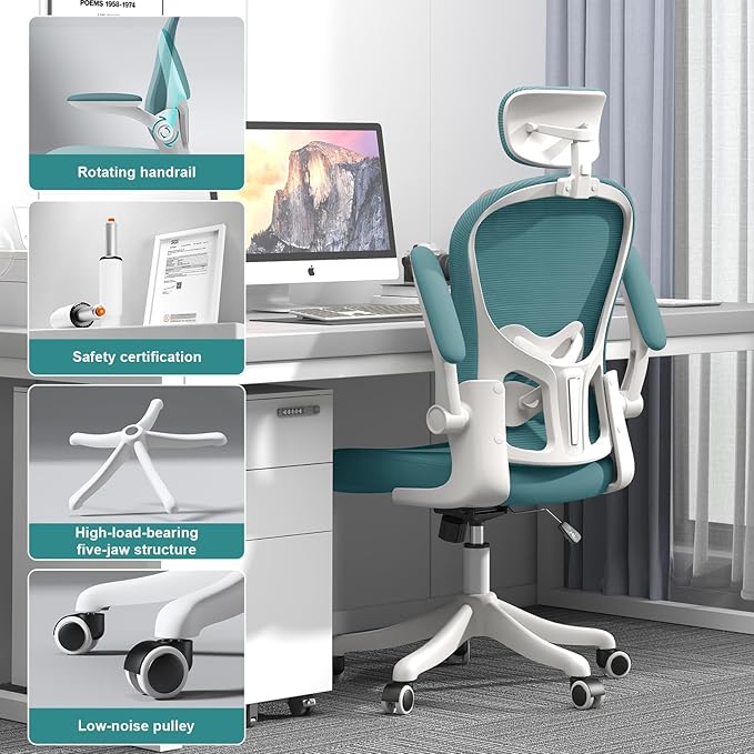 Ergonomic Office Chair with Adjustable Lumbar Support and Headrest, High Back Mesh Desk Chair for Home Office,Flip-Up Arms 90-120° Tilt Lock Rolling Swivel Task Chairs (White-Blue6065)