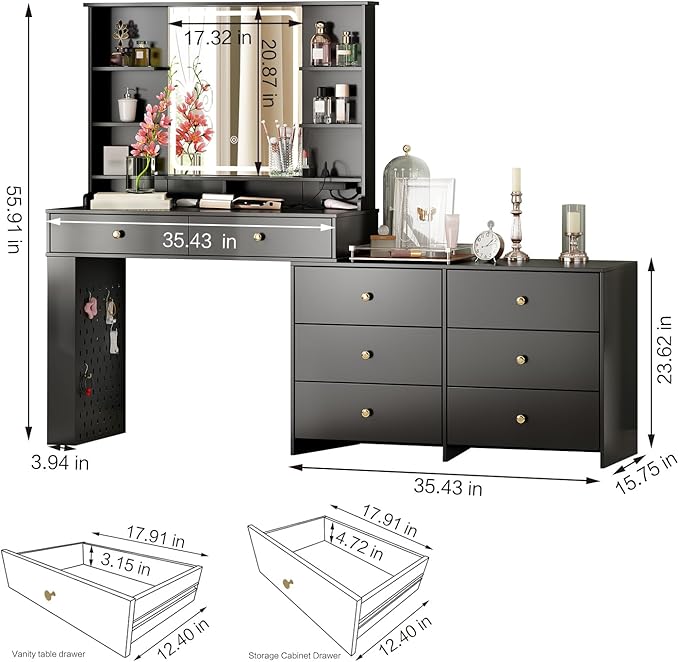 Makeup Vanity Desk with Mirror and Lights, Vanity Desk with 8 Drawers & Storage Shelves, Vanity Table with Power Outlet, 3 Color Modes & Adjustable Brightness Dressing Table, Bedroom,Jet