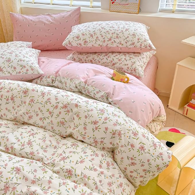 Vintage Style Pink Floral Duvet Cover Queen Cotton Garden Flower Comforter Cover Girls Cute Floral Bedding Set Chic Botanical Comforter Cover with 2 Pillowcases White Floral Duvet Cover with Zipper