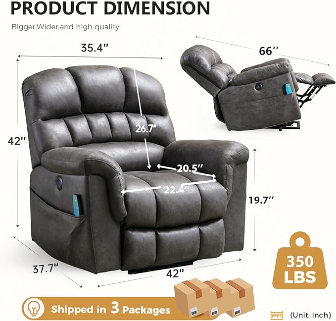Large Power Lift Recliner Chair with Massage and Heat for Elderly, Faux Leather Electric Lifting Recliners with USB Port, Overstuffed Wide Reclining Sofa Chairs for Living Room, Grey