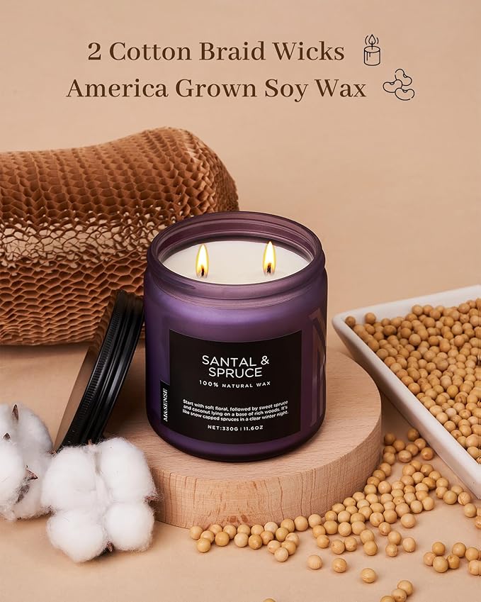 M&SENSE Santal Spruce Christmas Scented Candle, 11.6oz 70 Hours Burn Non Toxic Natural Soy Wax, 2 Cotton Wick Candle for Winter Holiday Housewarming Gifts for Family Friends Teachers