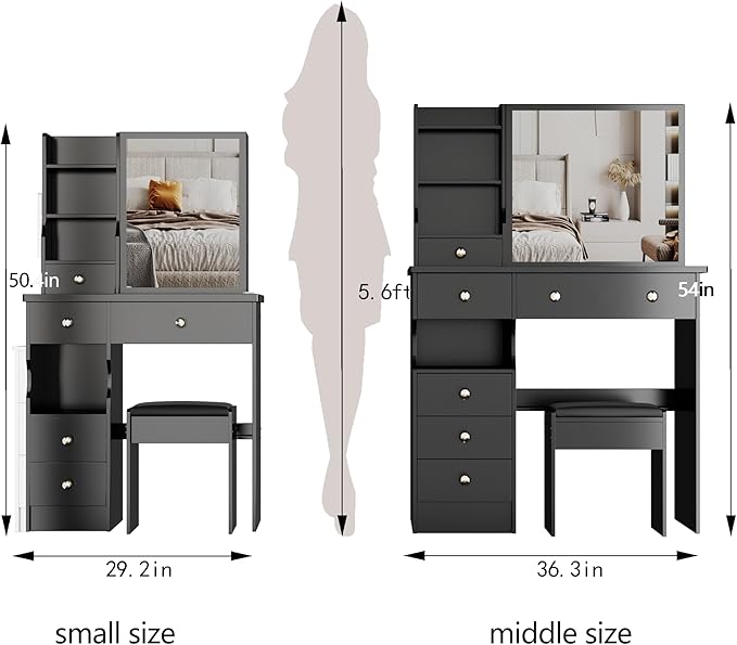 KEIKI Vanity Desk with Mirror & Cushioned Stool, 29.2'' Makeup Dressing Table Set with 5 Drawers for Tiny Bedrooms, Dorms, Apartments,Balck