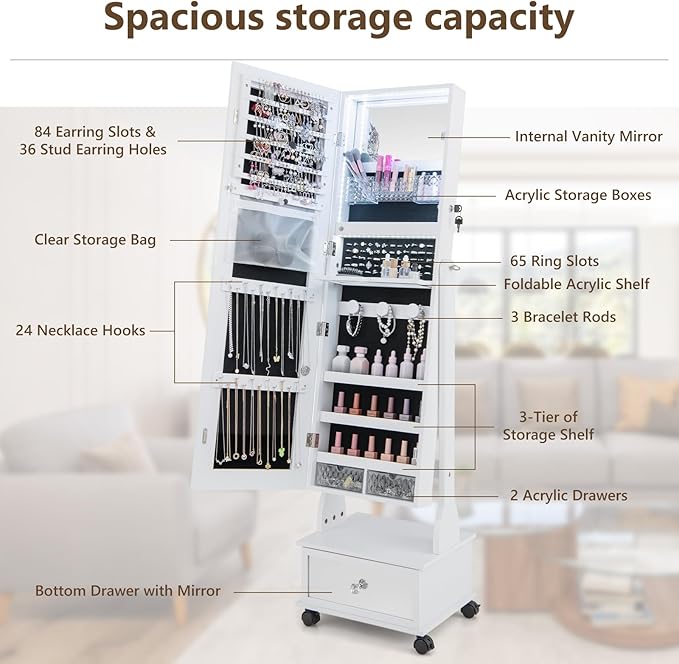 GOFLAME Standing Jewelry Cabinet Armoire with Wheels, Lockable Jewelry Storage Organizer with Full Length Mirror, 3-Color LED Lights, Interior Makeup Mirror, Jewelry Armoire for Bedroom (White)