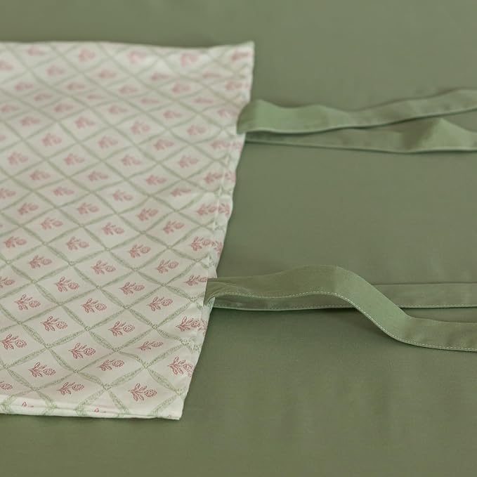 Pink Flower Duvet Cover Full Size Vintage Country Style Red Floral Comforter Cover Green Grid Plaid Duvet Cover with 2 Bow Ties Pillowcases Cotton Girls Floral Bedding Quilt Cover with Zipper Closure