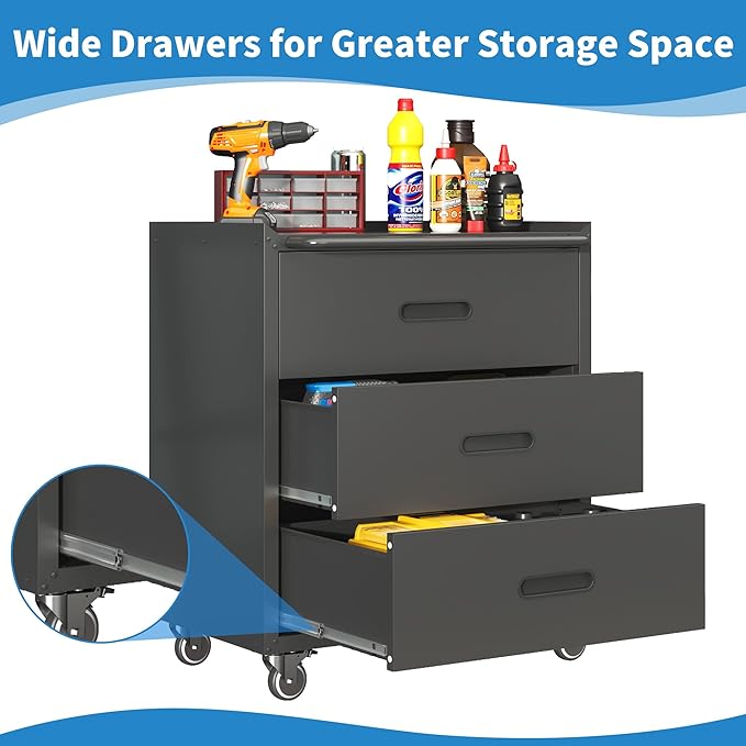 Tool Storage Cabinet, Rolling Tool Cabinets with 3 Drawers, Metal Storage Cabinet for Garage, Tool Room, Warehouse, Assembly Required(Black)