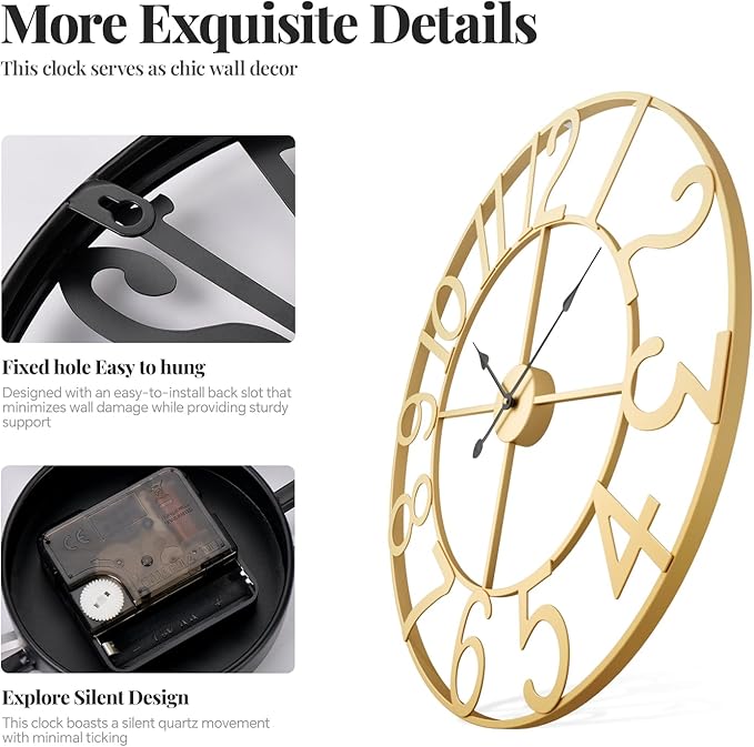 Cuspin 20 Inch Wall Clock Gold, Large Decorative Wall Clocks Battery-Operated, Modern Metal Round Clock Silent Non Ticking Arabic Numerals for Living Room Kitchen Mantel Office Decor