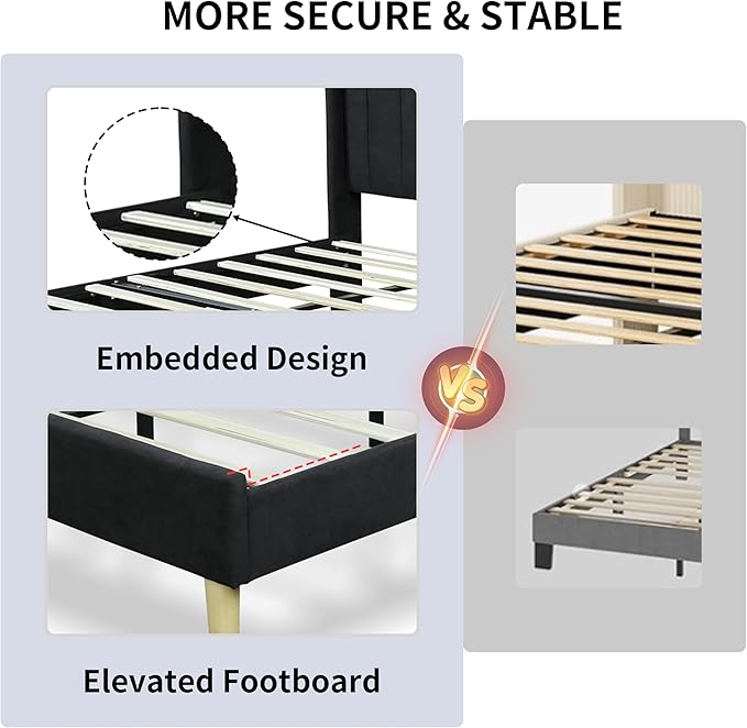 Twin Size Upholstered Platform Bed Frame with Modern Wingback & Vertical Panel Headboard, Linen Fabric, Wooden Legs & Slats Support, No Box Spring Needed, Noise-Free & Easy Assembly, Black