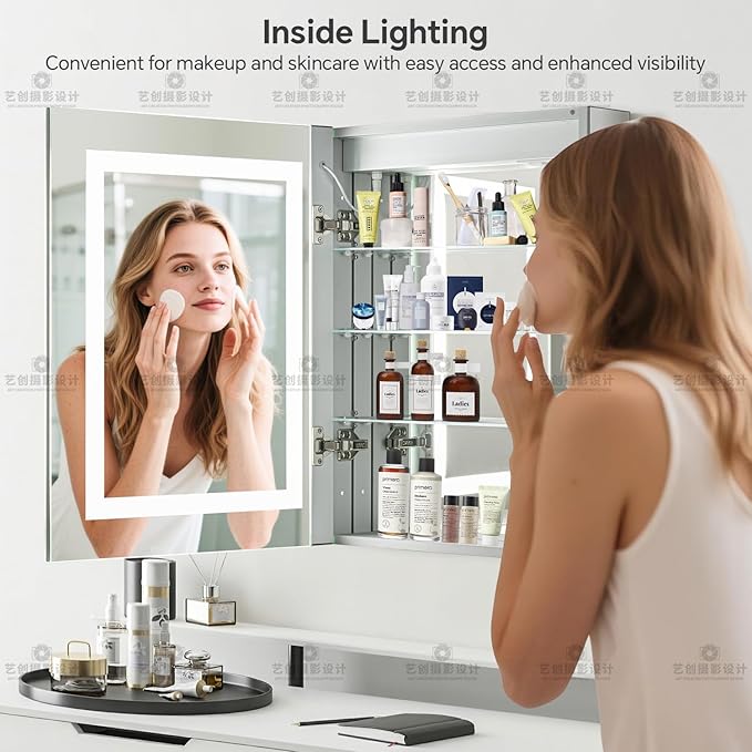 30 x 32 LED Lighted Medicine Cabinet with Lights, Recessed or Surface Wall Mount Medicine Cabinet Mirror for Bathroom with Storage, Outlets & USB, Tempered Glass, 3-Color Dimming, Adjustable Shelf