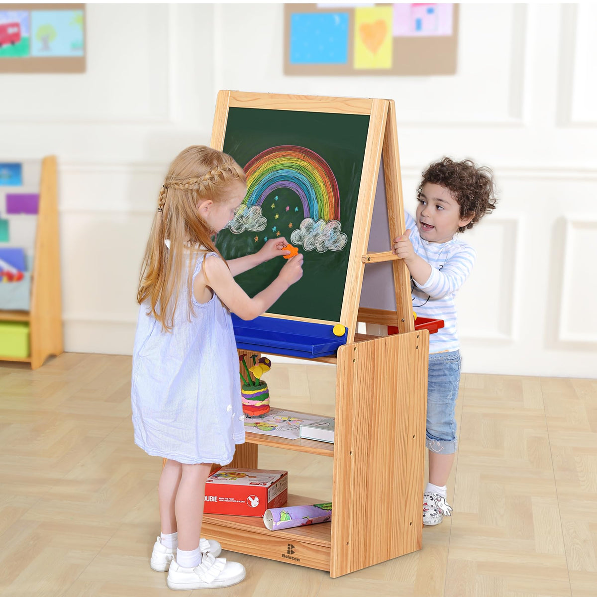 Bolocon Wooden Kids Double-Sided Magnetic Art Easel w/ 2-Tier Storage Shelf