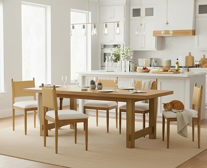 CIMOTA Modern Dining Chairs Set of 4, Mid Century Upholstered Dining Room Chairs with Woven Back, Armless Kitchen Chairs with Natural Solid Wood Legs, Linen Beige