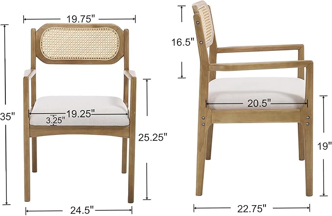 EALSON Rattan Dining Chairs with Arms Set of 6 Mid Century Dining Room Chairs with Wood Legs Linen Upholstered Kitchen Chairs Farmhouse Cane Back Arm Chairs for Living Room, Beige, Light Natural