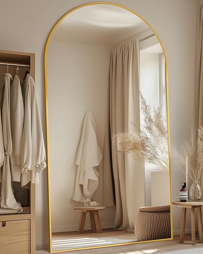 Full Length Mirror, 82"x44" Oversized Floor Mirror with Stand, Hanging or Leaning Full Body Mirrors Mirror for Bedroom, Living Room, Cloakroom, Arch, Gold