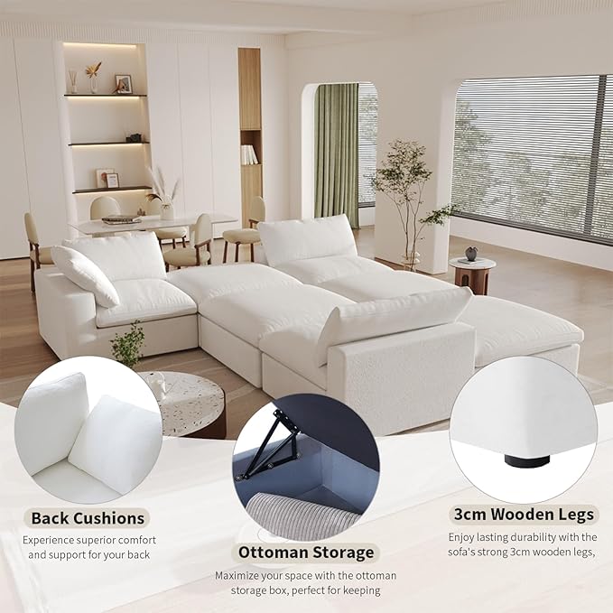 Cloud Modular Sectional Sofa Couch,U Shaped Couch 5 Seater for Living Room,120" Convertible Couches with Storage Ottoman, Covers Washable&Replaceable,White