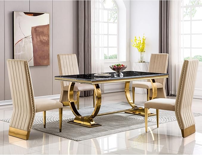 AUZ Dining Chairs with Nail Head Trim, Modern Velvet Upholstered Dining Room Chairs in Lovely Color with Polished Gold Stainless Steel Legs, Set of 4