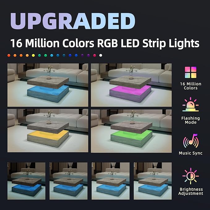 LED Coffee Table for Living Room, 2-Tier Modern Square Center Table with Music Sync Lights, High Gloss Surface, 30 3/4" x 30 3/4" (Grey)
