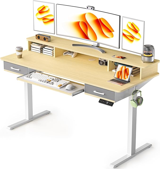 63 Inches Electric Standing Desk with Keyboard Tray, Height Adjustable Sit to Stand Table with 2 Drawers, Ergonomic Home Office Desk with Storage Shelf, Computer Table, Oak