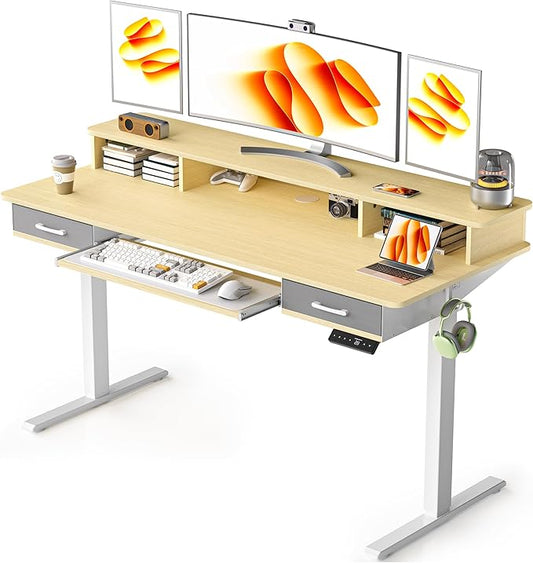 55 Inches Electric Standing Desk with Keyboard Tray, Height Adjustable Sit to Stand Table with 2 Drawers, Ergonomic Home Office Desk with Storage Shelf, Computer Table, Oak
