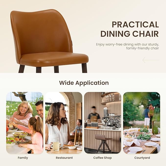 Wooden Dining Chairs Set of 6, Upholstered Kitchen Dining Room Chair, Modern Faux Leather Farmhouse Dinner Chair for Restaurant & Cafe, Light Brown