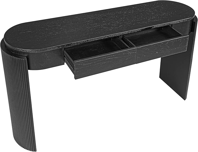 55.1" Entryway Narrow Console Table with Drawers, Oval Top & Fluted Legs, Natural Wood Grain Sofa Table for Hallway, Foyer, Behind Couch, Accent Table for Living Room, Solid Wood + MDF (Black)