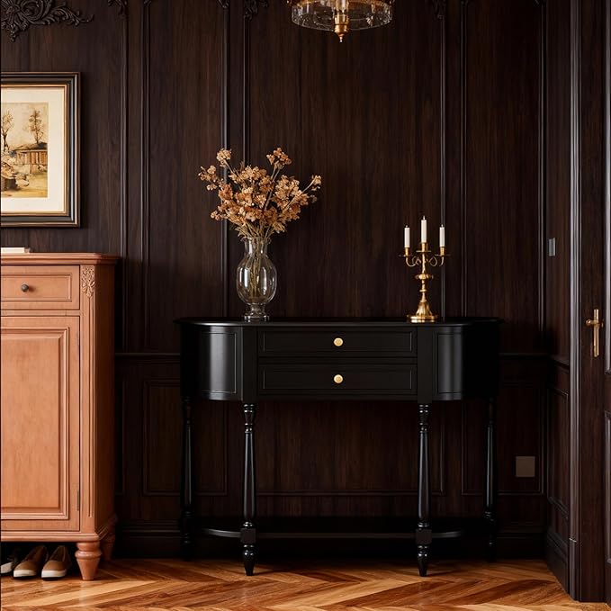 White Entryway Table Narrow, Half Moon Console Table with Two Drawers, Solid Wood Mid Century Modern Console Table with Adjustable Legs for Living Room, Foyer, or Hallway