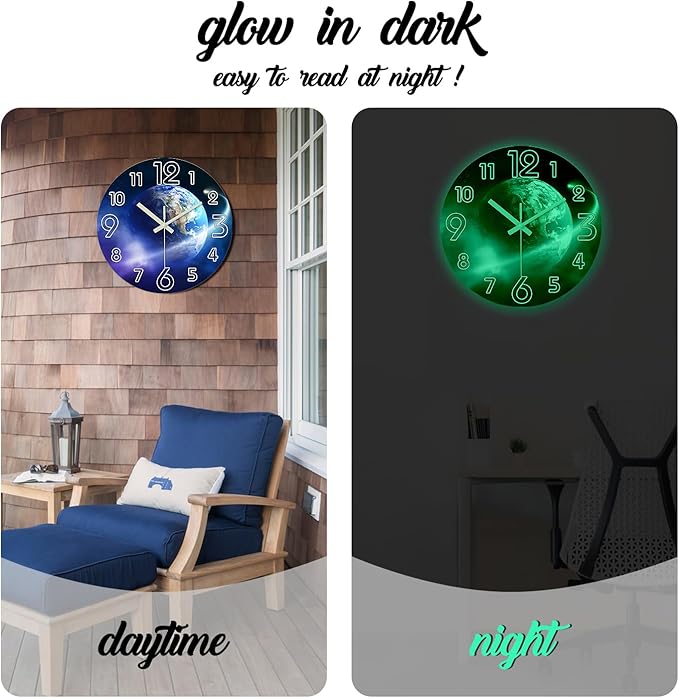 Blue Glow in The Dark Clocks for Living Room 14 Inch Battery Operated Wall Clock Non Ticking Decorative Wall Clock for Teenager
