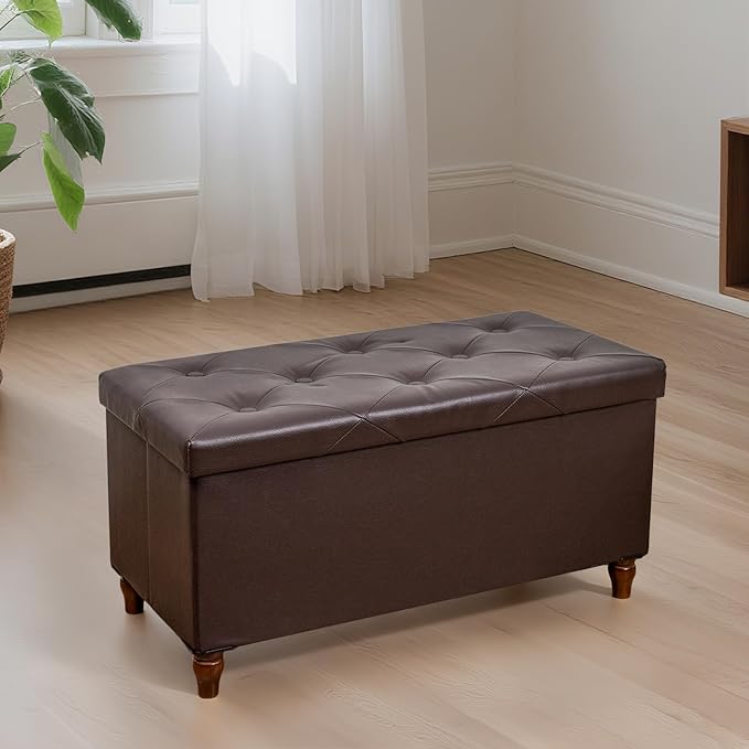 GLAXYFUR 30 Inches Storage Ottoman Bench with Wooden Legs, Faux Leather Folding Ottoman Foot Rest, Storage Bench for Living Room, Hallway & Bedroom, Upgrade Large Capacity (Engineered Wood, Brown)