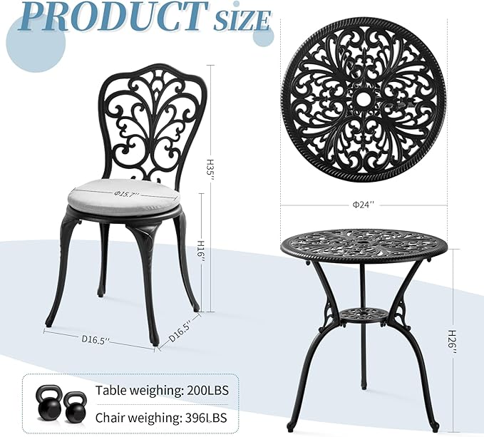 Patio Bistro Set 3 Piece with Cushions, All Weather Bistro Table and Chairs Set of 2 with Umbrella Hole, Outdoor Bistro Set, Cast Aluminum Patio Furniture Set for Garden Porch, Black