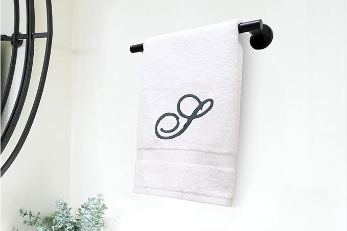 White Monogrammed Hand Towels for Bathroom - Luxury Hotel Quality Personalized Initial Embroidered Towel for Powder Room, Spa - GOTS Organic Certified - Pack of 2 Dark Gray, Letter S