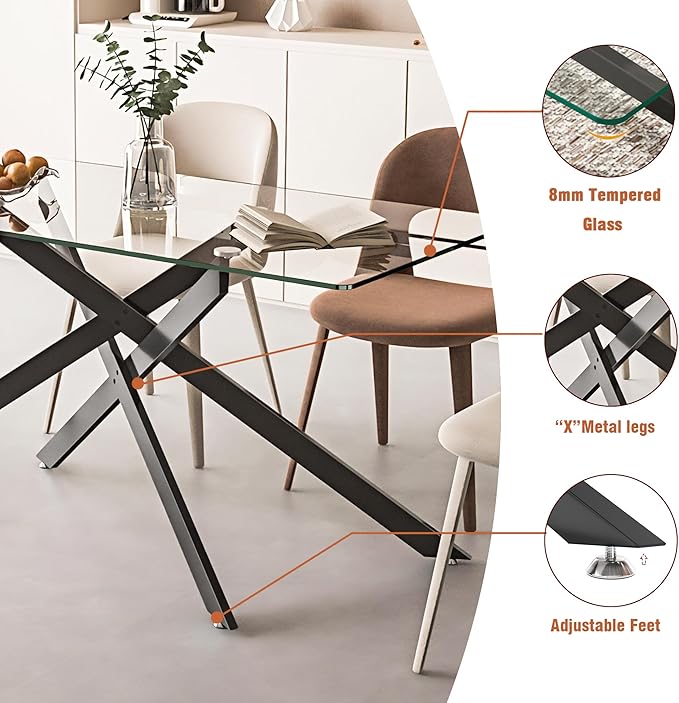 60" Glass Dining Table Modern Kitchen Table for 4-6 People, Contemporary Rectangular Dining Room Dinner Tables with Clear Glass Top & Black Metal X Legs for Kitchen Apartment