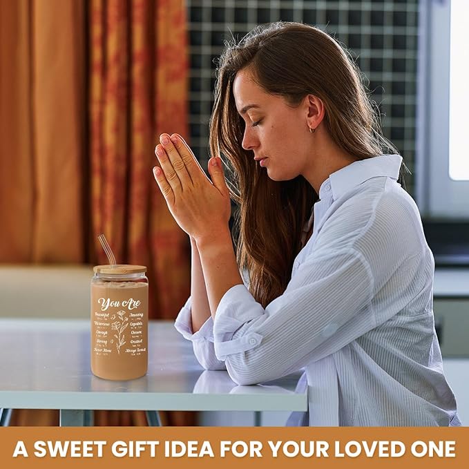 Christian Gifts for Women - Inspirational 16 Oz Can Glass Coffee Cup with Bamboo Lid & Straw - Religious Motivational Catholic Gifts for Womens Ladies