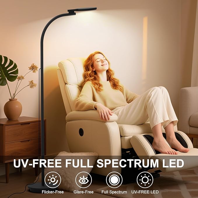 Light Therapy Lamp 10000 Lux UV-Free Sun Floor Lamp, 360° Gooseneck Happy Lamp with 5 Colors & 5 Brightness Levels & Remote Control + Touch Dual Control (Black)