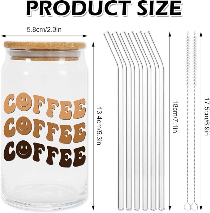 Whaline 6 Pack Boho Drinking Glasses 16oz Boho Rainbow Sun Heart Flower Glasses Cup Retro Groovy Ice Coffee Cup with Bamboo Lid Glass Straw Cleaning Brush for Cocktail Whiskey Beer Soda Gifts