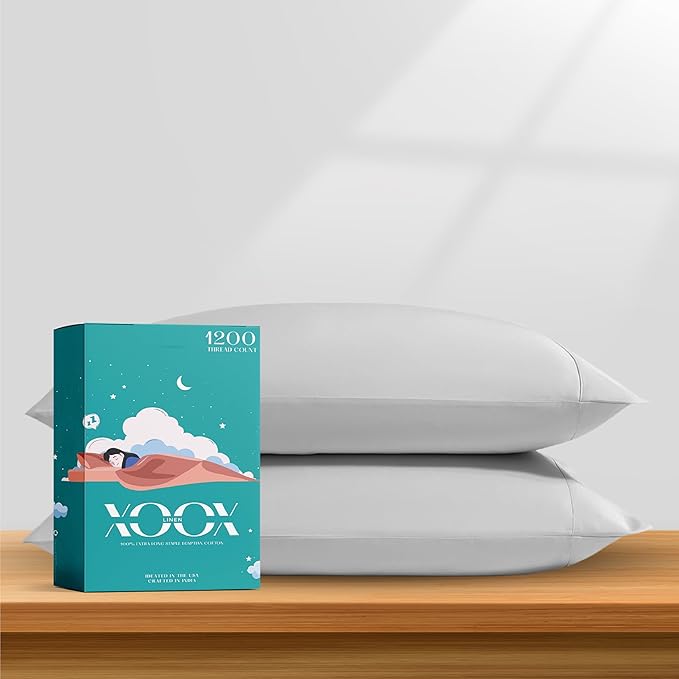 XOOX Linen 100% Egyptian Cotton Pillow Cases King Size Set of 2 - Luxury 1200 Thread Count Sateen Light Grey Pillow Covers, Soft & Breathable 5 Star Hotel-Quality Pillowcases, Fits King Size Pillows