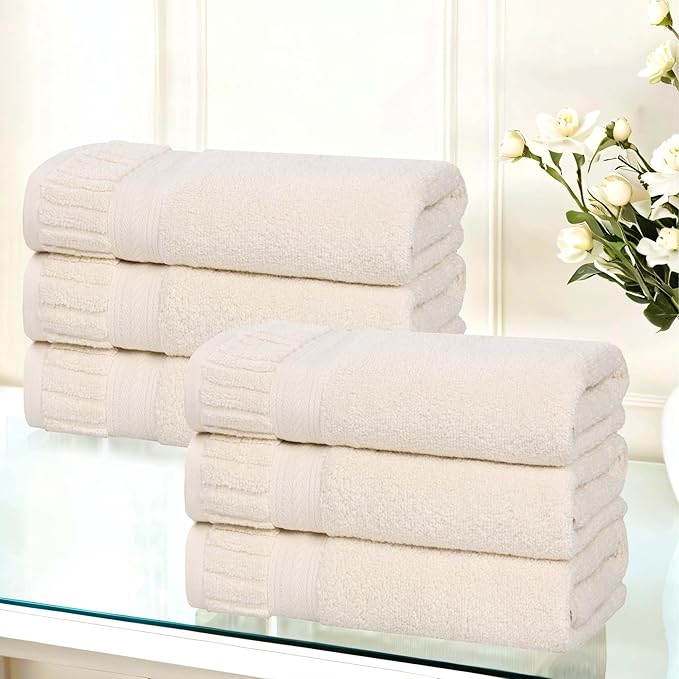 Superior Venice Zero Twist Cotton Medium Weight Towels, for Kitchen, Bathroom, Shower, Spa, Plush Towels, Bath Essentials, Ribbed Textured Border, Absorbent Hand Towels, Set of 6, Ivory