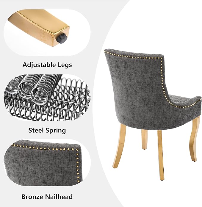 Luxury Fabirc Upholstered Dining Chairs Set of 6,Neutral Chenille Kitchen Room Chair with Nailhead Trim,6 Piece Modern Side Chairs for Dining Room,Living Room,Bar (Grey-Gold, Set of 6)
