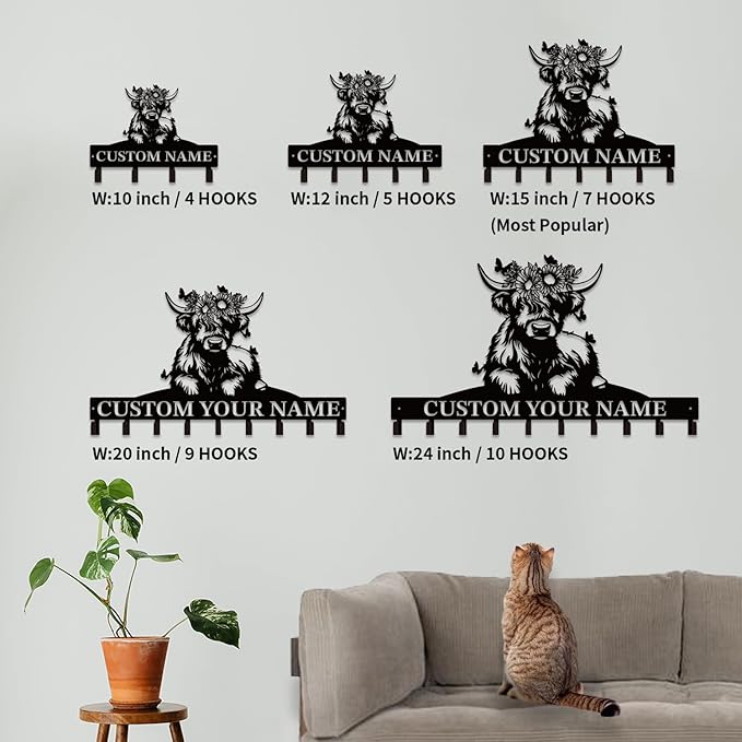 Personalized Highland Cow Metal Keys Hooks,Custom Name Metal Highland Cow Keys Hooks,Black Metal Highland Cow Wall Home Storage Decorative Keys Hooks,Key Holder Hooks for Wall (Style F)